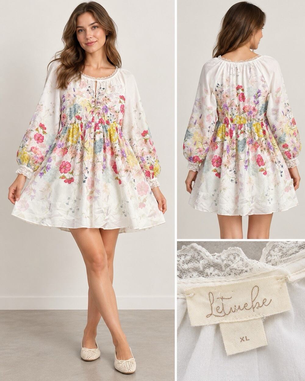 Anthropologie Let Me Be Floral Mini Dress XL Lace Trim Puff Sleeve Cottagecore